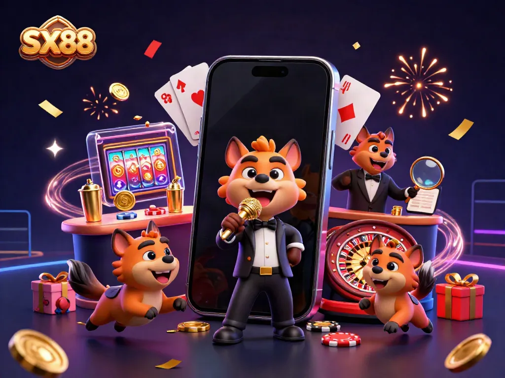 SX88 hyenas playing casino games, showcasing comedy and excitement in a vibrant atmosphere.