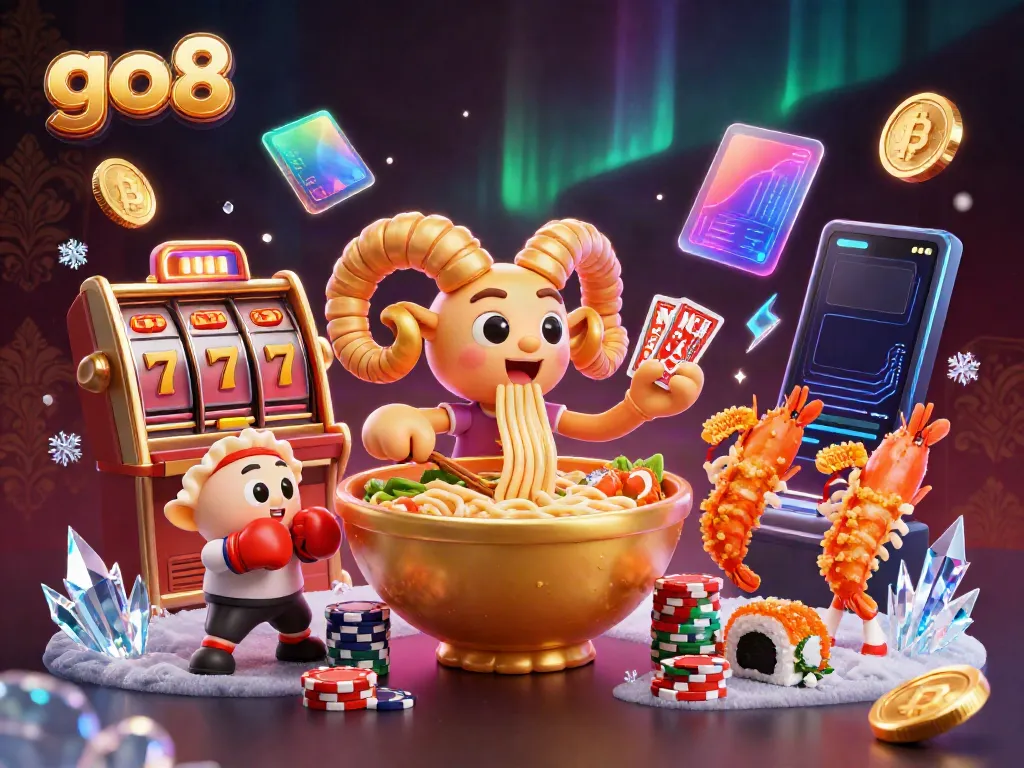 Engage in thrilling slots action at go8 with a dynamic illustration of casino characters surrounded by vibrant elements.