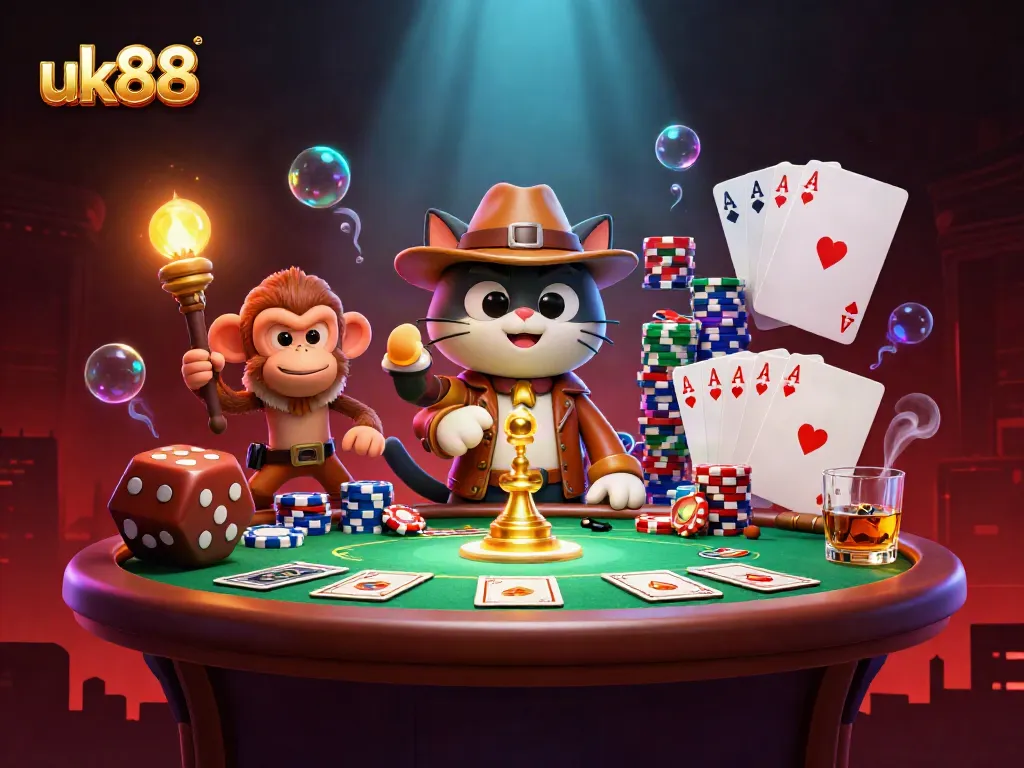 uk88 features an adventurous cat archaeologist uncovering a golden casino artifact in a vibrant, thrilling environment.