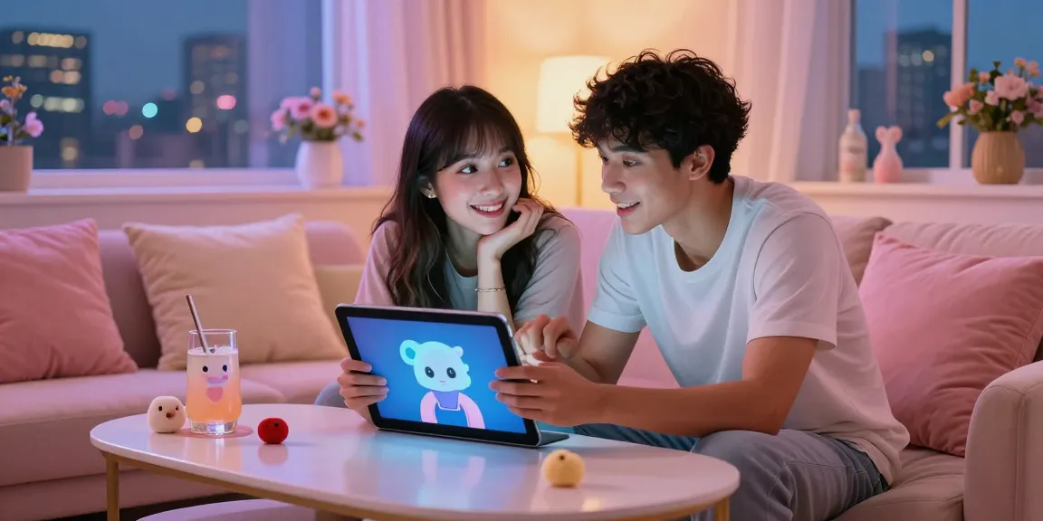 Engaging NSFW chat experience showcasing playful interaction with a virtual AI character in a cozy lounge setting.