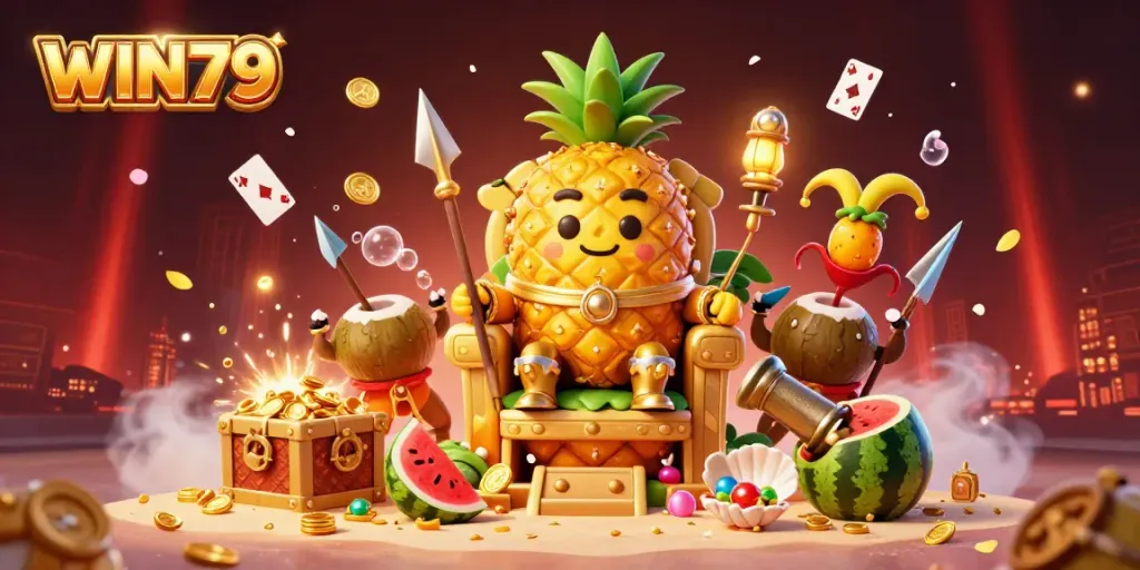 WIN79's golden pineapple king rules over an exciting beach casino scene filled with treasure and fun gambling elements.
