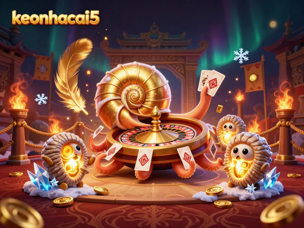 Engage with keonhacai5 in a thrilling casino scene featuring an ancient nautilus roulette wheel.