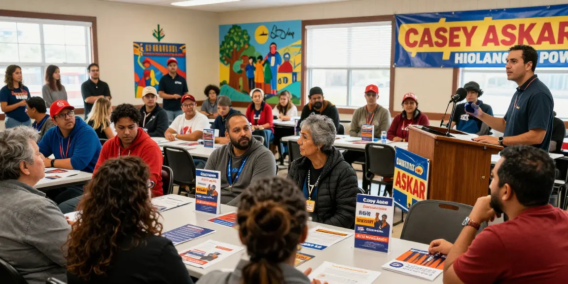 Casey Askar speaking passionately to diverse community voters at a political event.