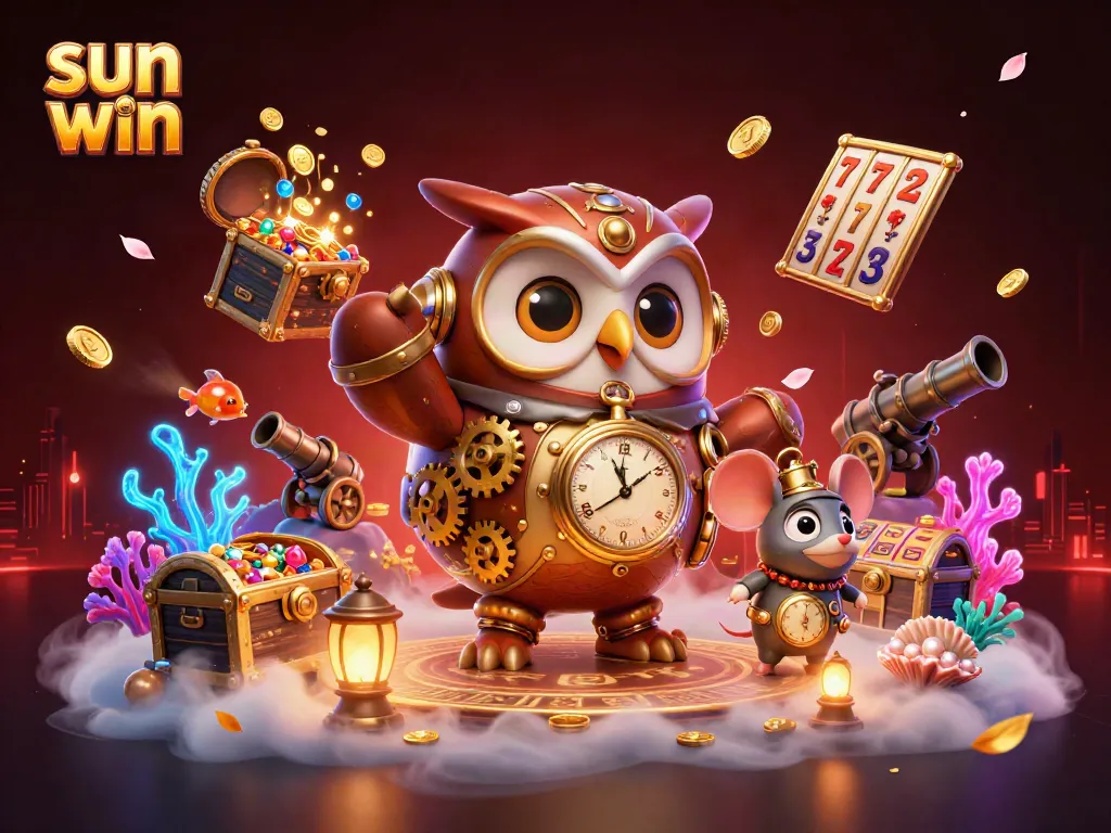 Win big in style at Sun Win Casino with vibrant steampunk characters and treasures.