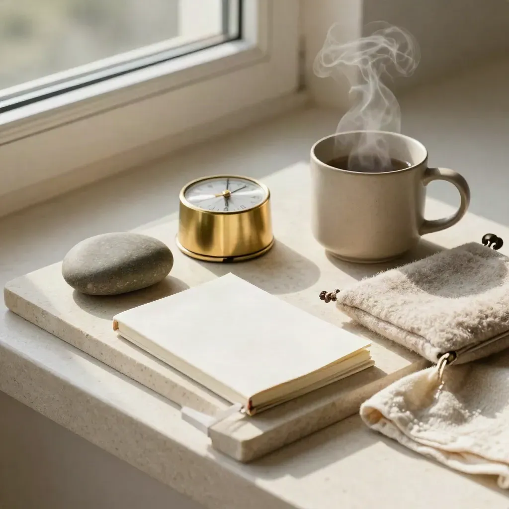 Overhead flatlay of a stress-reduction kit on stone: breathing stone, timer, herbal mug, notebook, wool pouch.