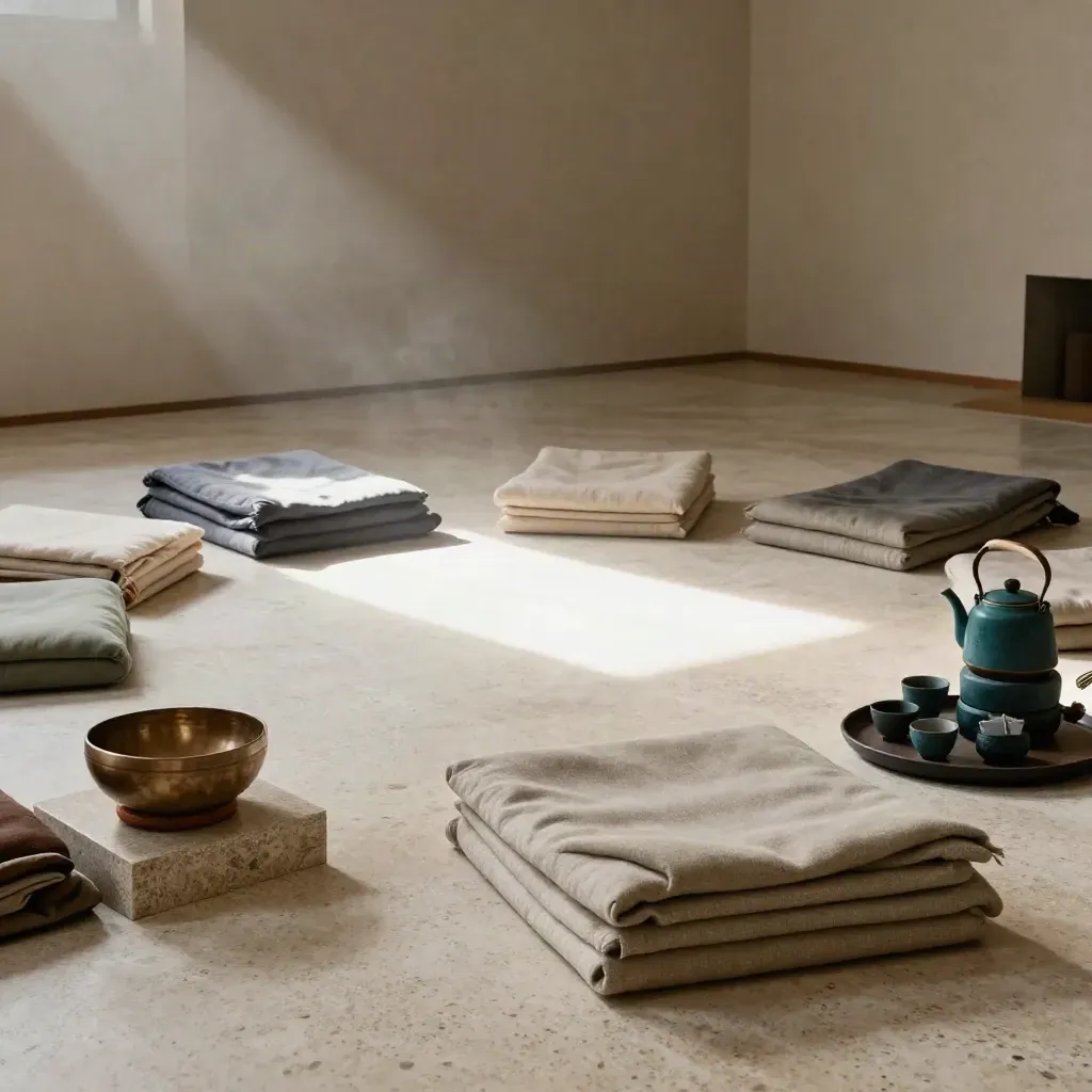 Empty mindfulness workshop room with cushions, singing bowl, blankets, and tea station in sunbeam.