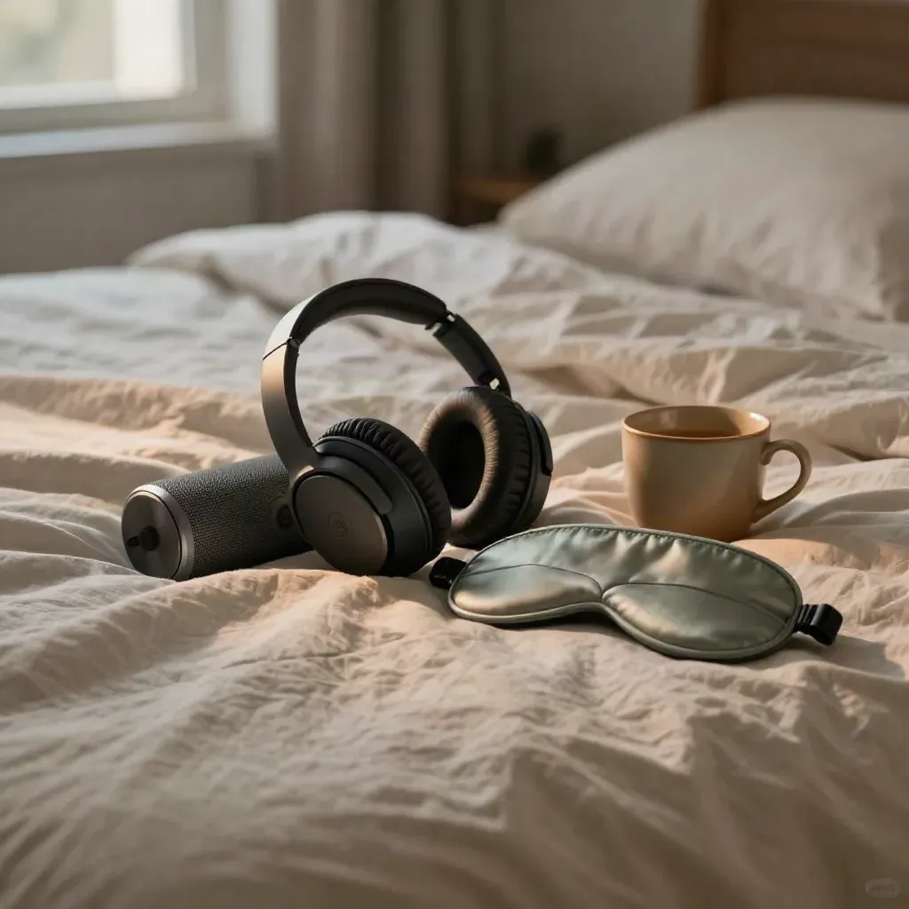 Headphones, sleep mask, cup and speaker resting on a linen duvet after a calm audio session.