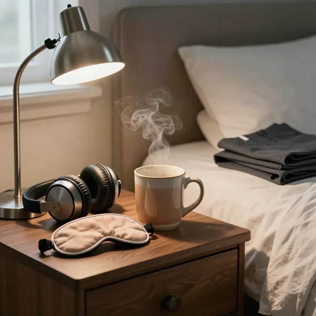 Bedside wind-down station with lamp, steaming mug, headphones, sleep mask and folded scrubs by a bed.