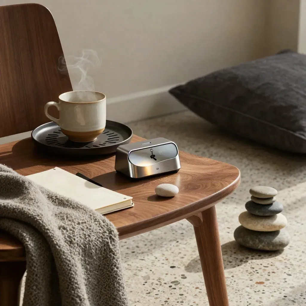Calm chairside wellbeing station with tea, timer, blanket, notebook and stacked stones.
