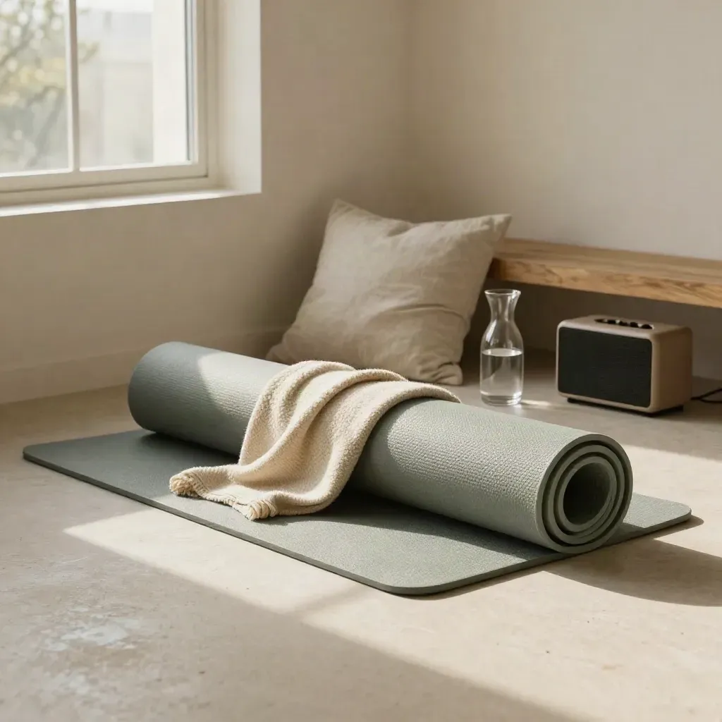 Rolled mat, folded blanket, cushion, carafe and speaker in a quiet plaster home corner.