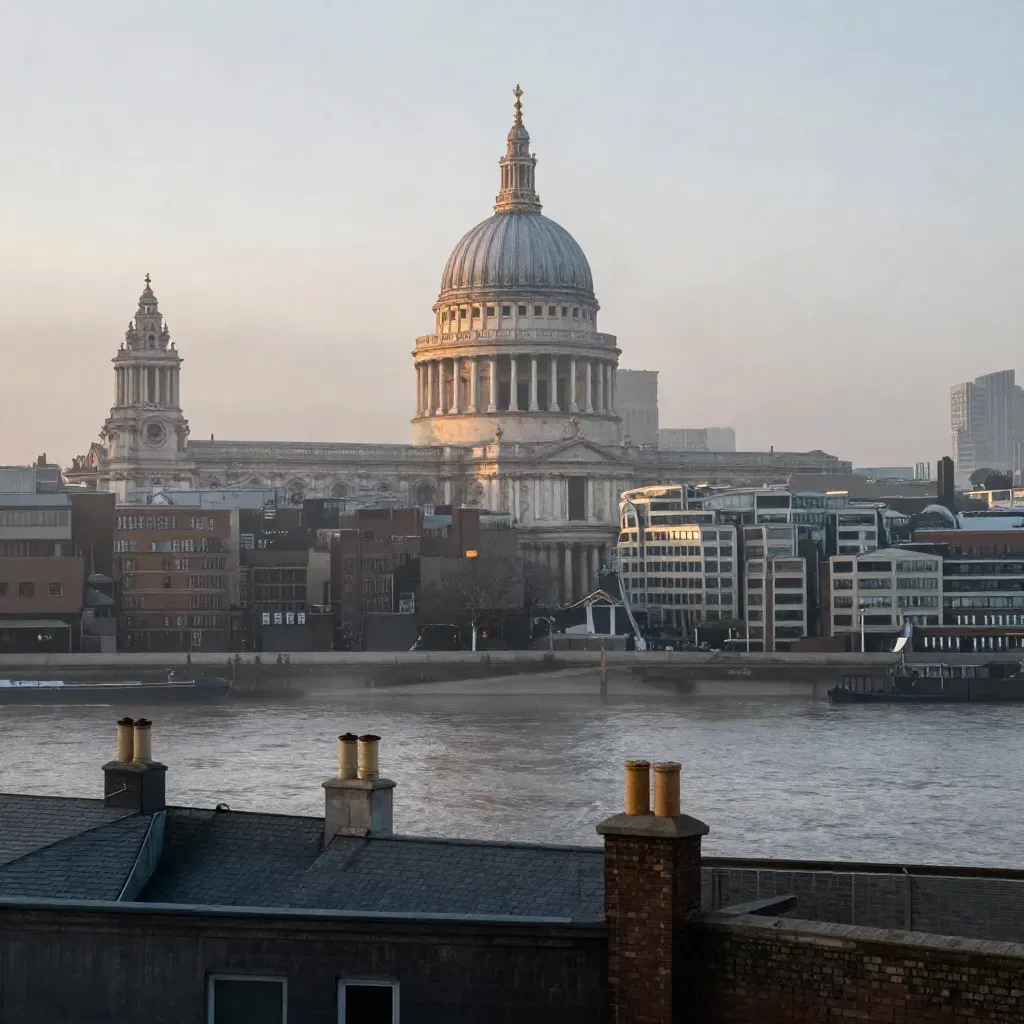 St Paul's dome above a misty Thames skyline at dusk with rooftops and calm water below