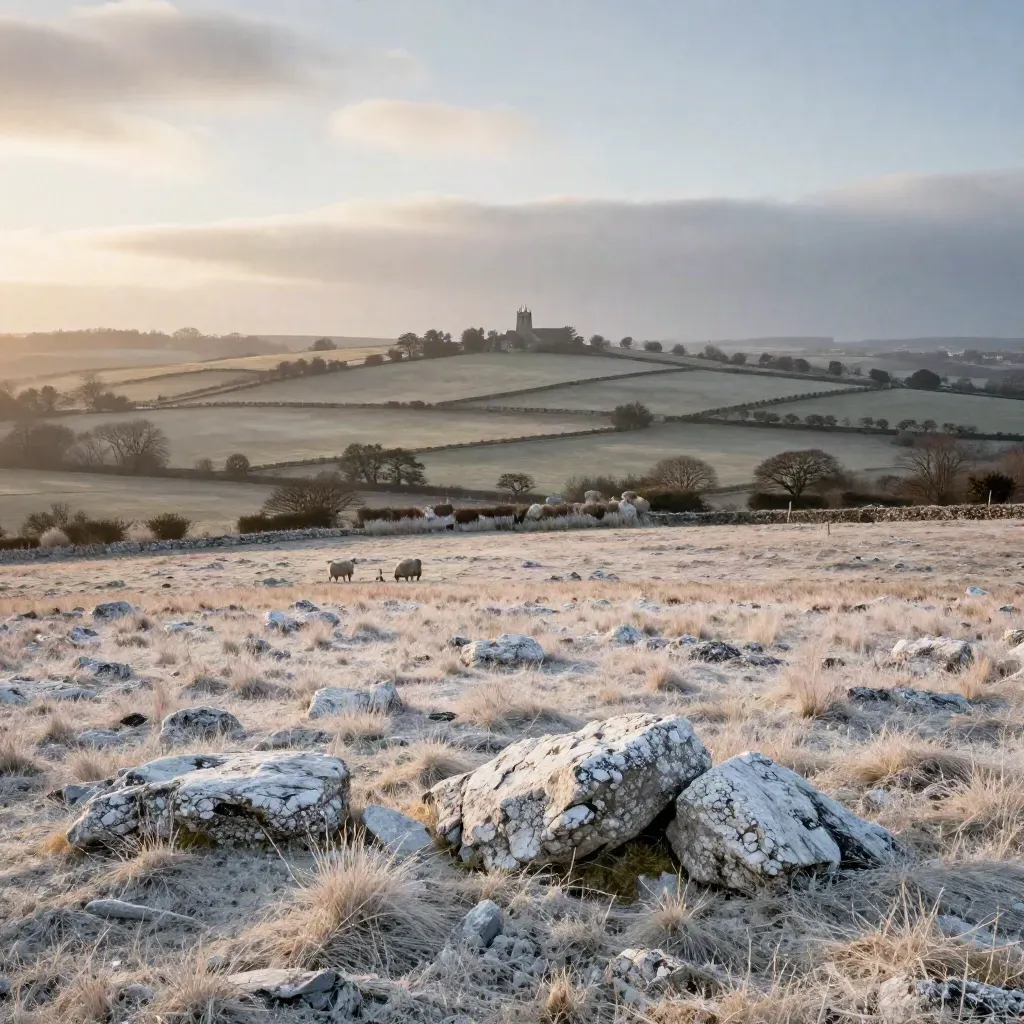 Hazy chalk downs with a distant flint church tower above quiet hedgerow fields