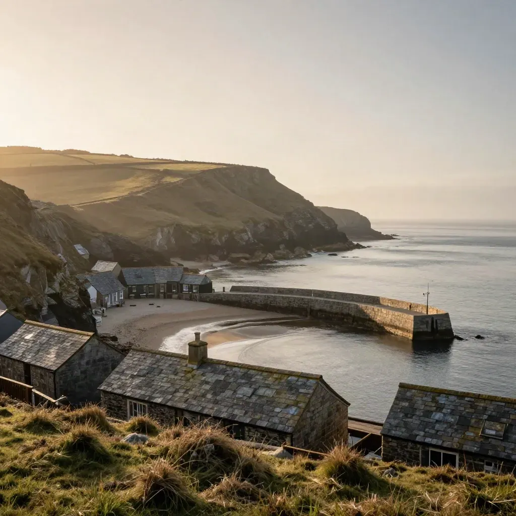 Cornish cliff headland above a small harbour curve, sea haze and open calm water at golden hour