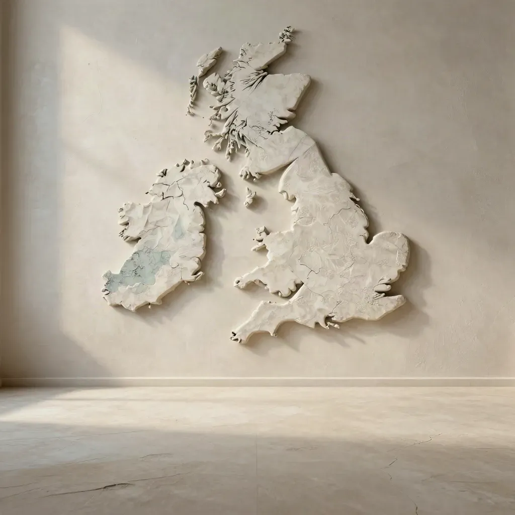 Pale stone British Isles relief on a textured surface with calm copy space below.