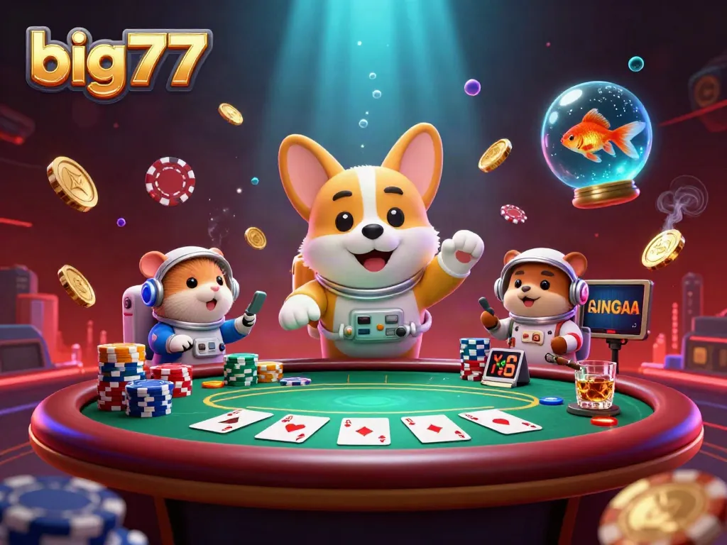 Experience the excitement of big777 with our 3D casino scene featuring a corgi astronaut, chips, and glowing elements.