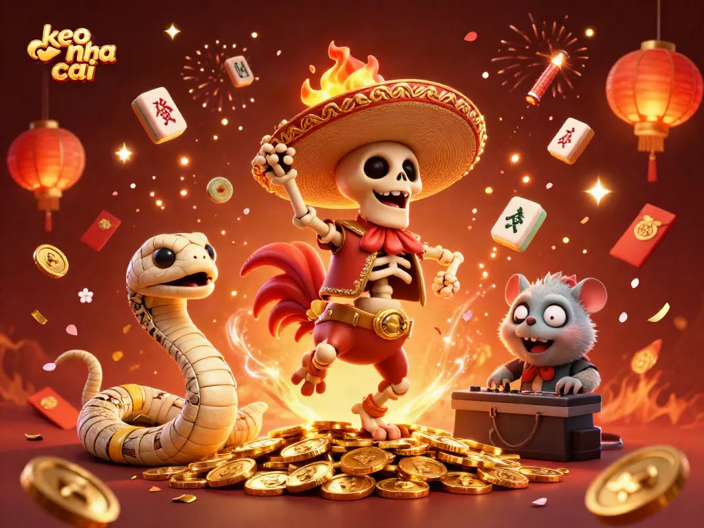 Celebrate keo nha cai with vibrant 3D characters dancing among confetti and casino-themed elements.