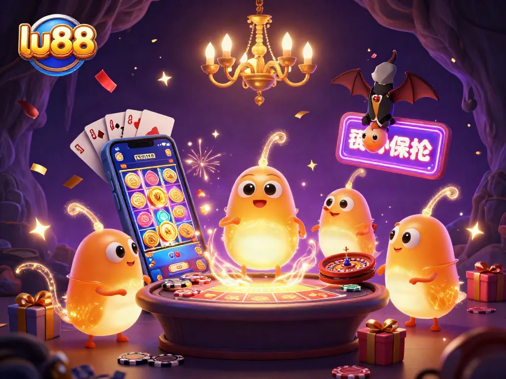 Experience thrilling gameplay with lu88 in an illuminated cave casino featuring vibrant slot games and playful characters.