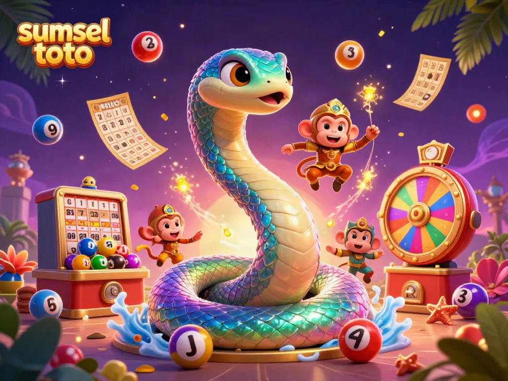 Experience the excitement of sumsel toto with a vibrant 3D illustration of lottery games and dynamic characters.