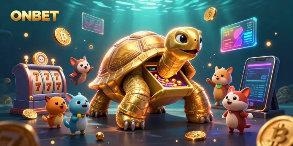 Engage with ONBET casino excitement featuring a golden tortoise pinball machine and playful characters.