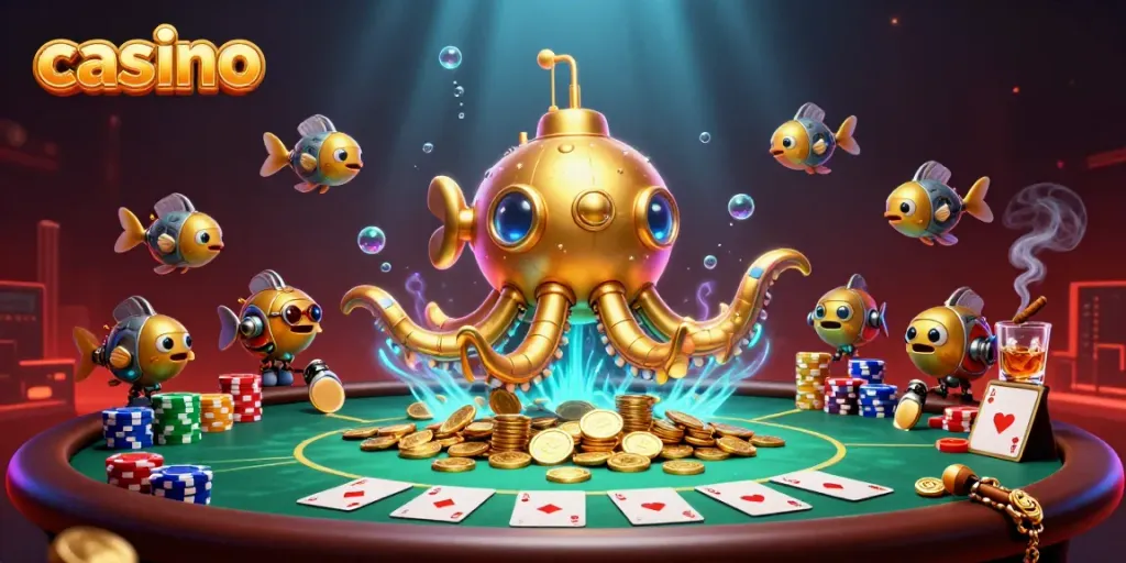 Experience the thrill of a vibrant casino scene with a golden kraken submarine and poker elements.