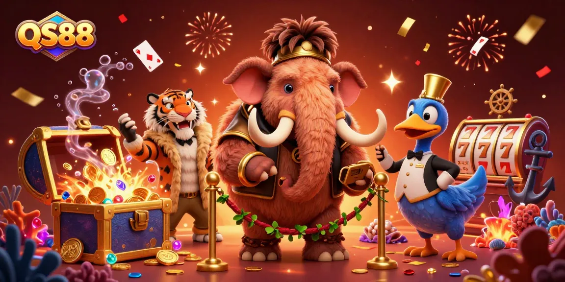 Experience fun at QS88 with a vibrant 3D casino scene showcasing characters and game elements.