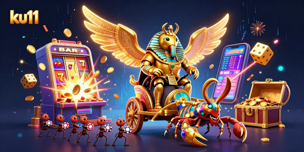 ku11 showcases a golden scarab beetle in a vibrant casino scene with jackpots and glowing symbols.