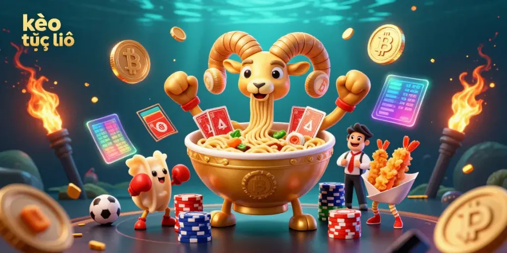 Experience kèo trực tuyến excitement with a vibrant cartoon scene of a golden ramen dealer and crypto elements.