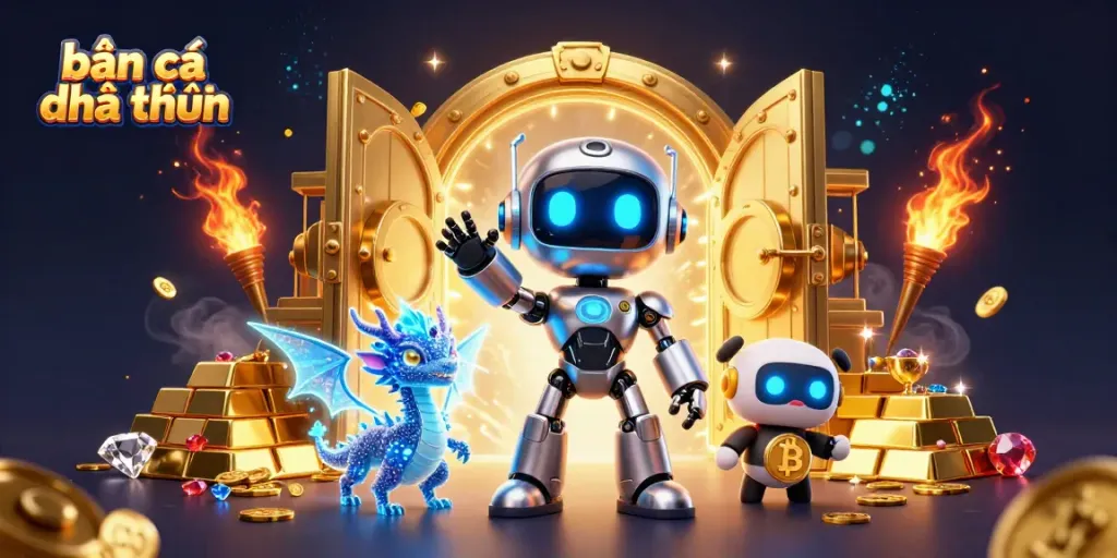 Engage in bắn cá đổi thưởng with a vibrant 3D scene of cyberpunk mascots and treasure.