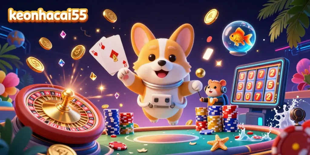 Experience the excitement of keonhacai55 in a vibrant casino scene with an astronaut corgi and cosmic elements.