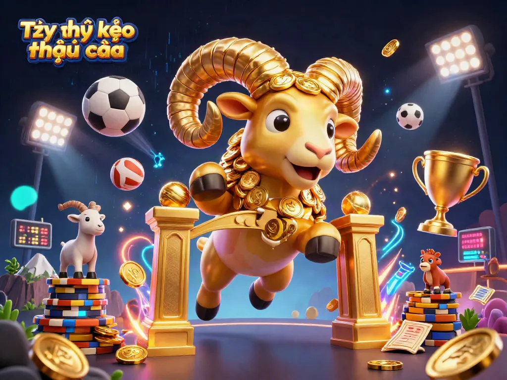 Tỷ lệ kèo nhà cái visualizes betting action with dynamic sports elements and a golden ram.