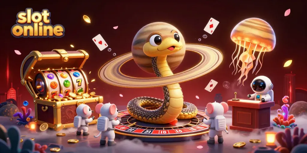 Engage in thrilling slot online adventures with cartoon characters and cosmic elements in a vibrant casino illustration.