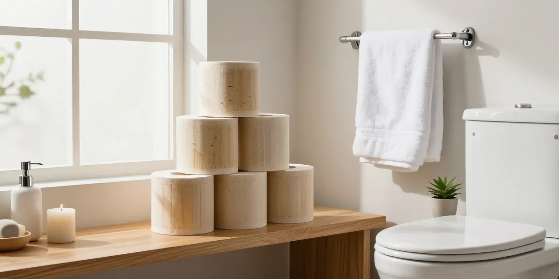 Luxury bamboo loo rolls elegantly displayed in a serene bathroom setting with natural light.