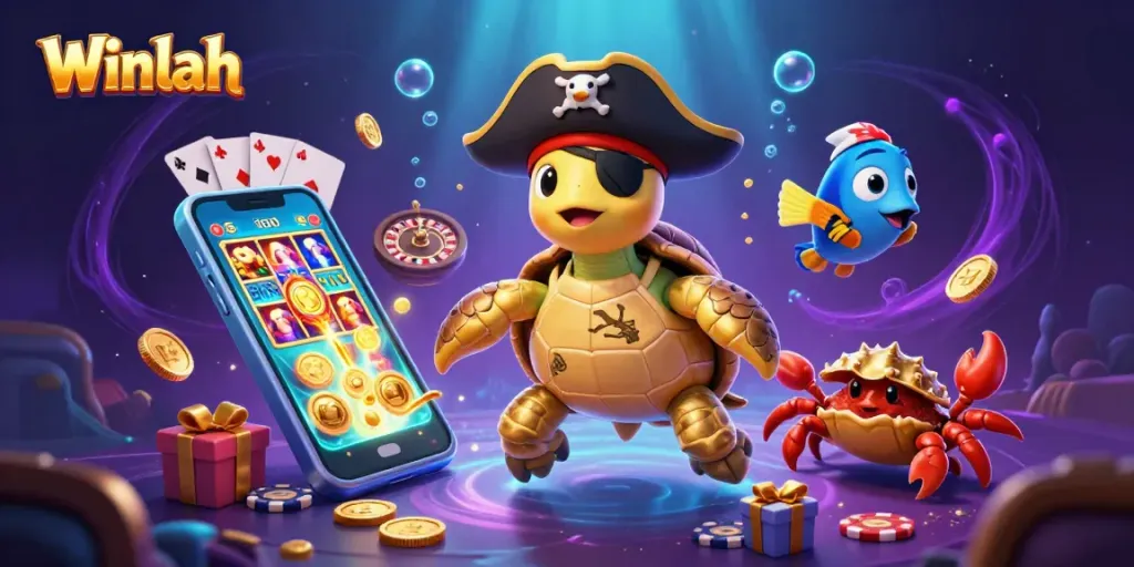 Winlah showcases a vibrant underwater casino scene with a pirate turtle, crab, and parrotfish amidst slot games and treasures.