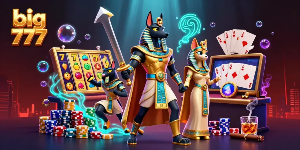 Experience the thrill of big 777 slots through this vibrant casino scene with Anubis and Bastet.