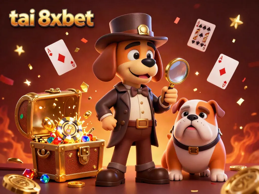 Play poker and win with tai 8xbet as the cartoon detective uncovers treasure in a vibrant casino scene.