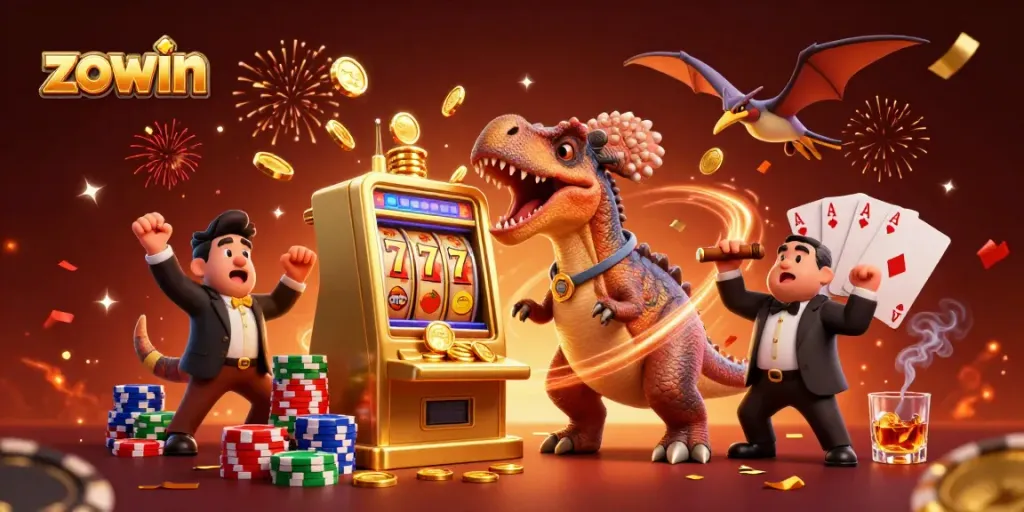 Zowin's pachycephalosaurus enjoys jackpot wins as coins fly in a vibrant casino scene.