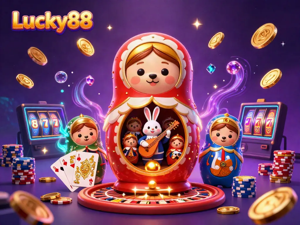 Engage in excitement at Lucky88 with a vibrant scene of casino-themed characters amidst gambling elements.