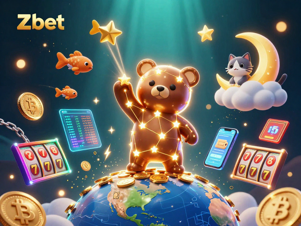 Zbet enhances your gaming experience with neon-edged crypto coins and vibrant casino elements in a dynamic 3D scene.