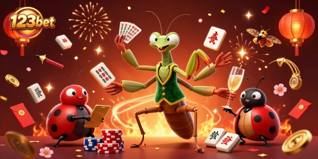 Engage in 123bet's vibrant casino world, featuring animated card sharp and charming pit boss amidst festive elements.