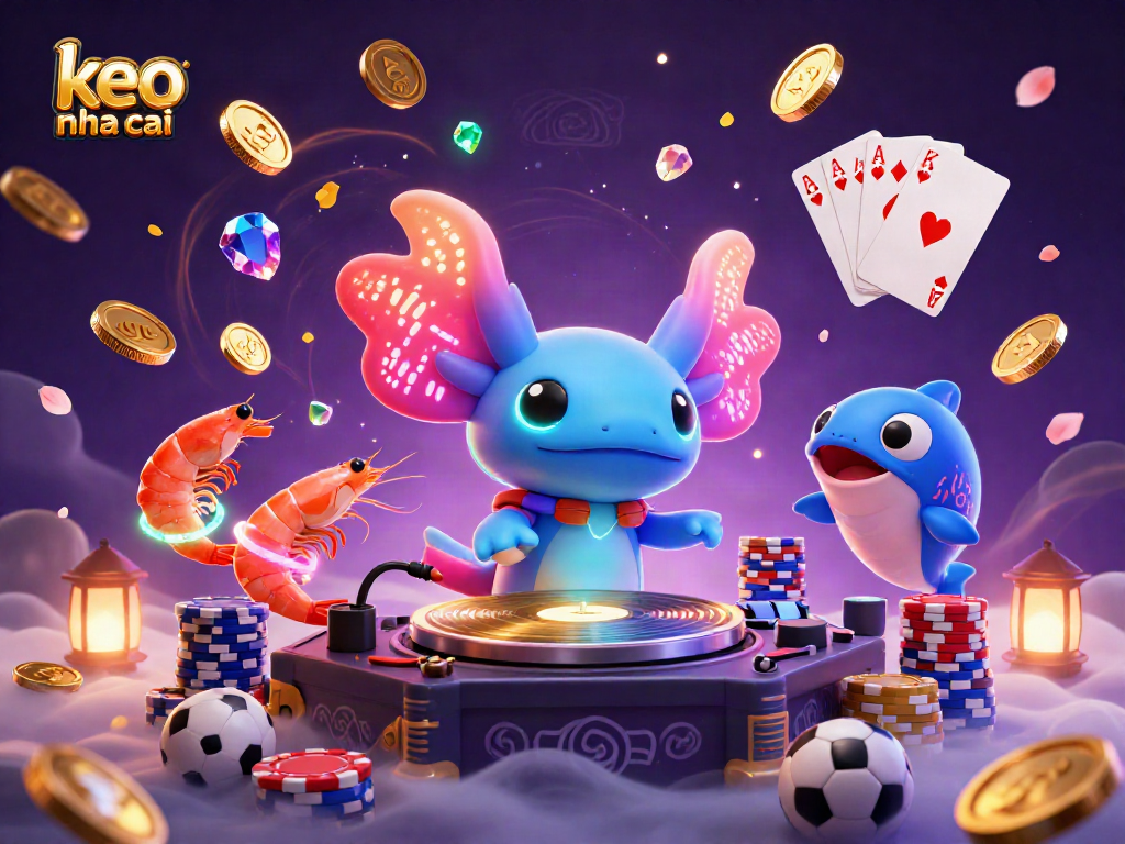 Engage with keo nha cai sports betting as a vibrant axolotl DJ and dancing shrimp create a lively atmosphere.