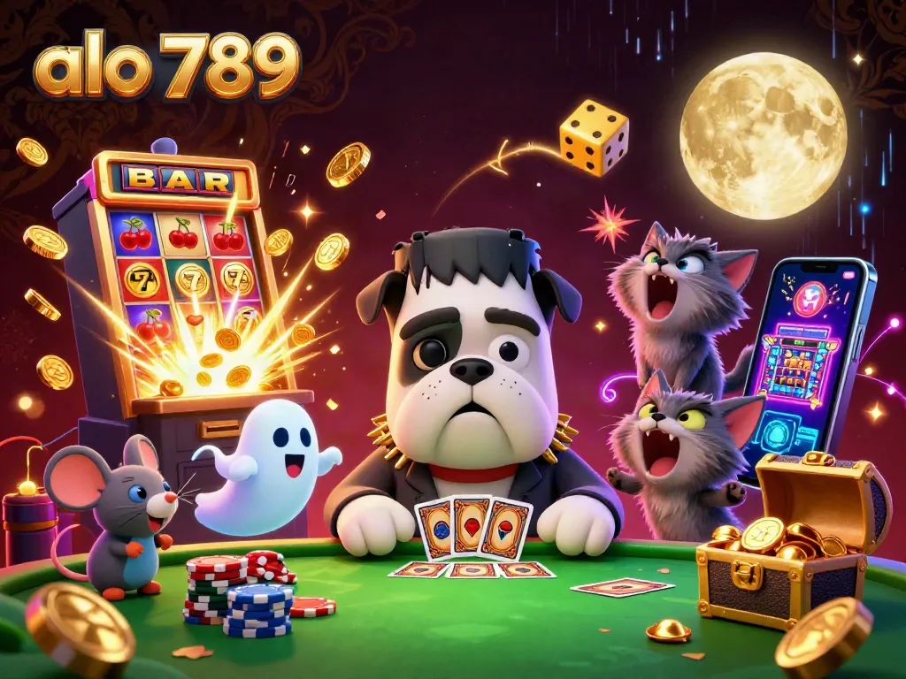 Experience the thrill at alo 789 with a Frankenstein bulldog monster and vibrant casino environment.