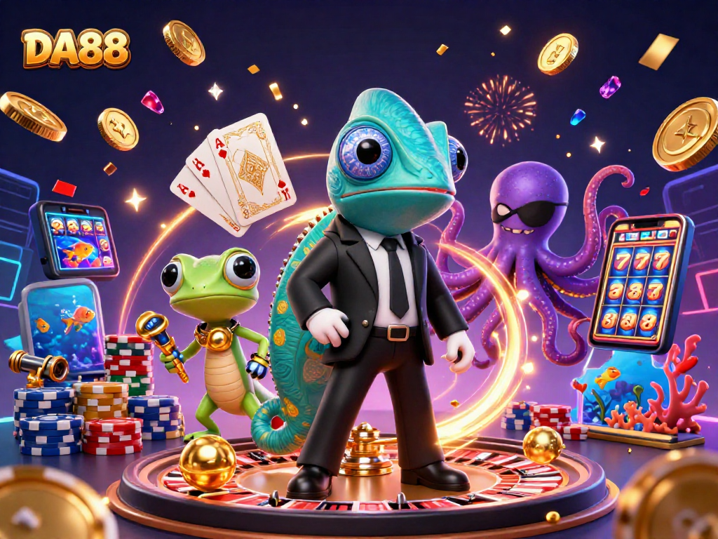 Experience thrilling gaming at DA88 with vibrant characters and dynamic casino elements.