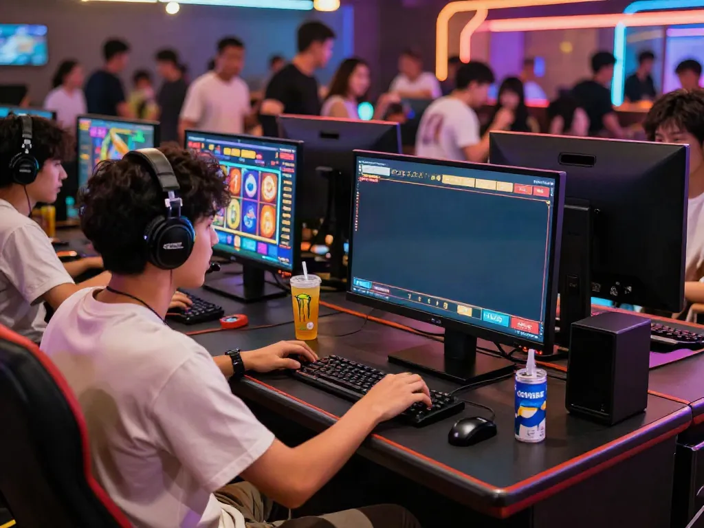 Engaged player at GEM88 online gaming platform, vibrant casino interface on screens, lively atmosphere.
