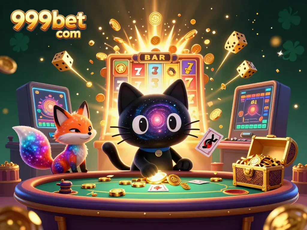 Experience the excitement of 999bet com with this dynamic cosmic casino scene featuring vibrant characters and epic game elements.