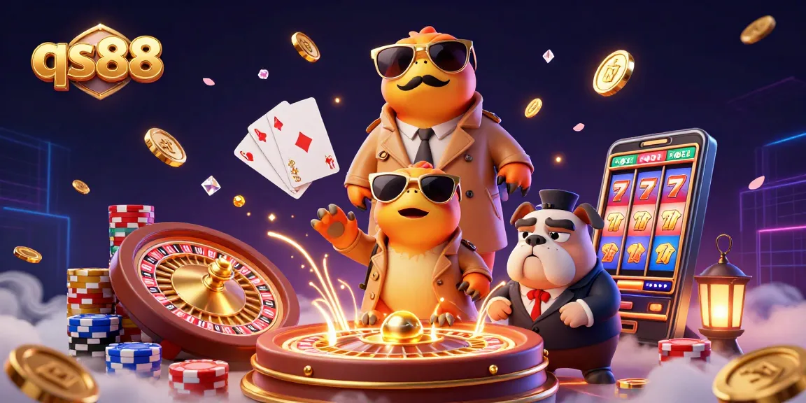 Join the adventure at qs88 as three raptors disguise themselves for casino fun, amidst coins and cards.