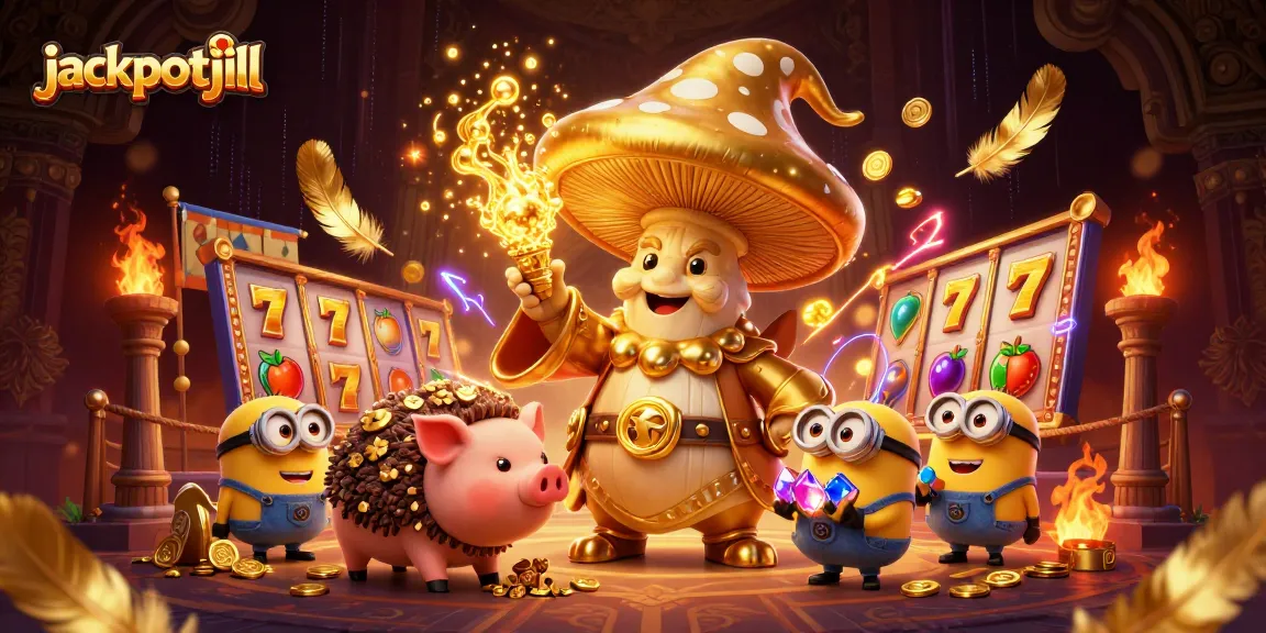 Experience jackpotjill's magical world with a golden wizard and treasures in a vibrant casino setting.